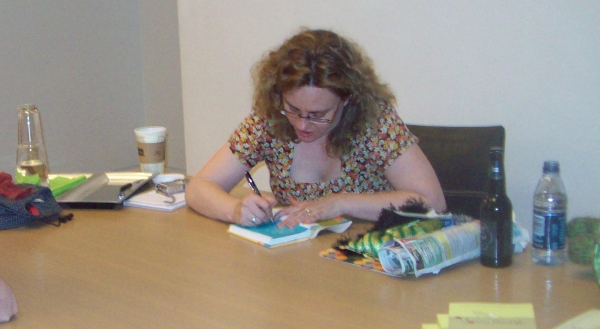 YarnHarlotSigningBookWithBeerKnittingEtc.jpg